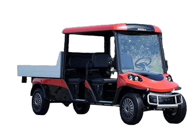 Golfette électrique Melex 374 rouge avec benne et deux rangées de sièges