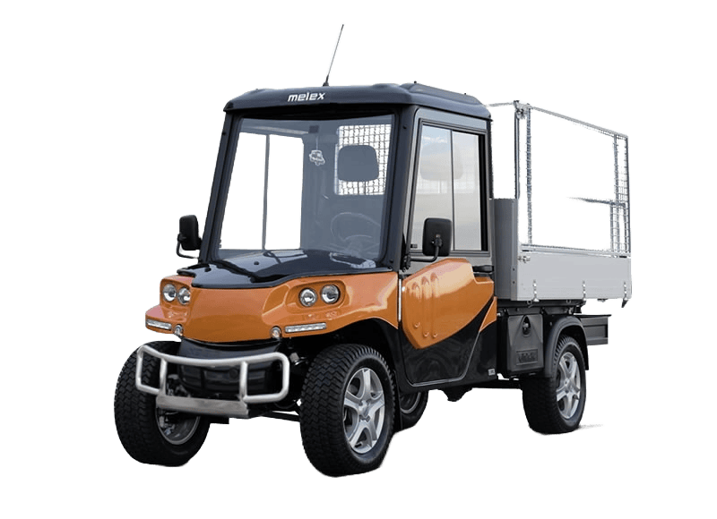 Golfette électrique Melex 391 avec benne grillagée, utilisée pour l’entretien