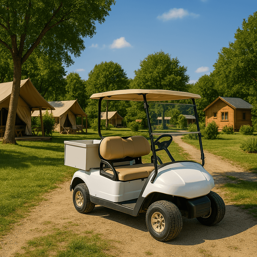 Golfette électrique deux places avec demi-caisson utilitaire dans un camping haut de gamme en pleine nature
