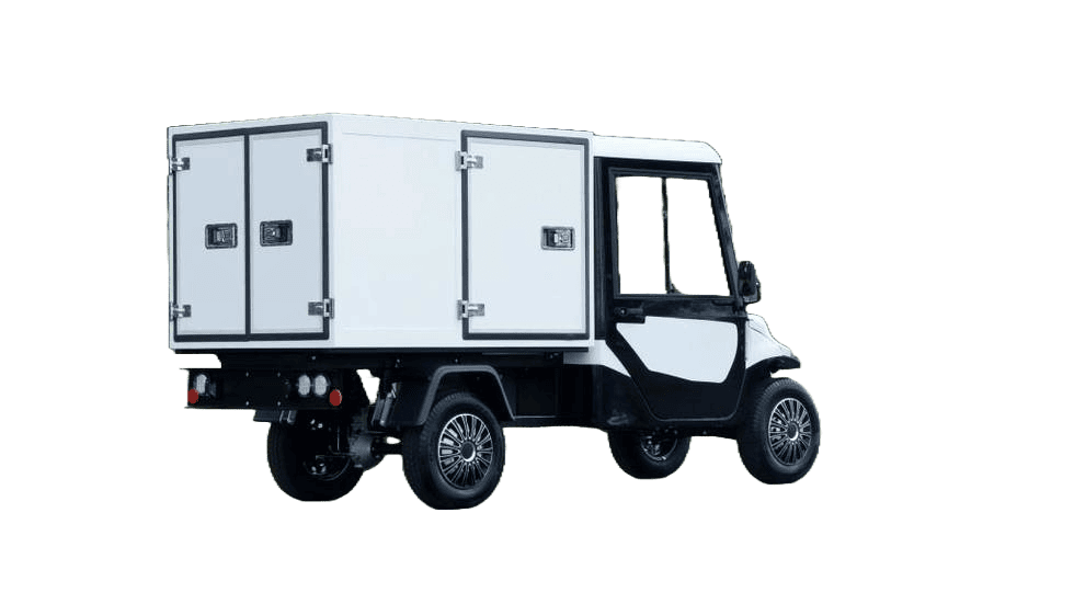 Voiturette de golf électrique utilitaire avec fourgon équipé d’un volet roulant pour les interventions techniques et la logistique sur terrains de golf et campings
