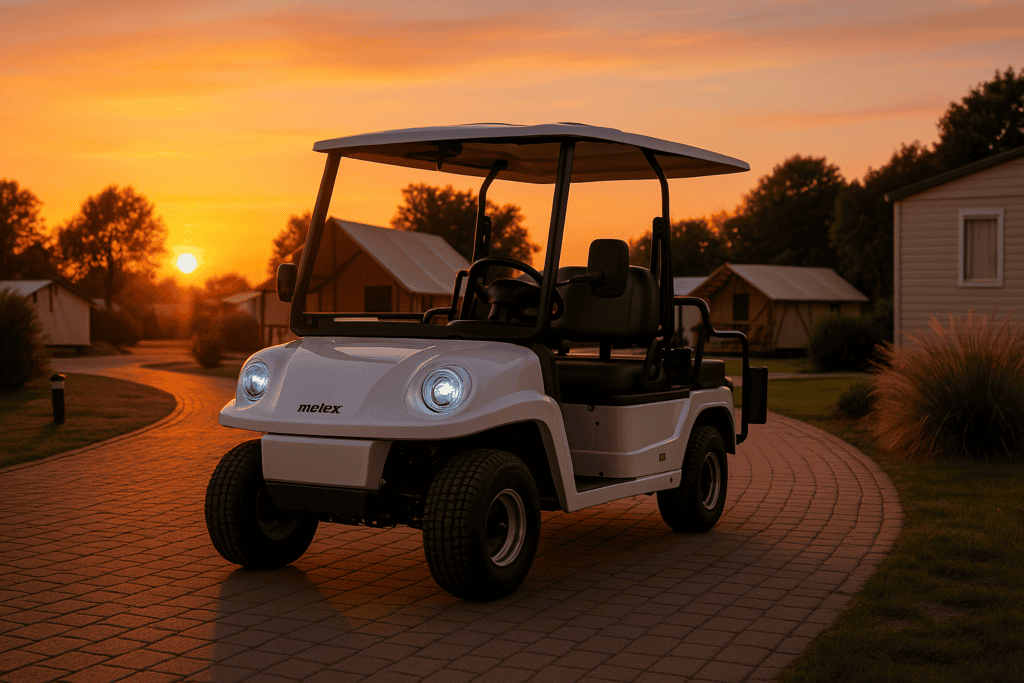 Golfette électrique Melex Passenger N garée sur une allée pavée au coucher du soleil dans un camping avec tentes lodge, ambiance premium et nature.