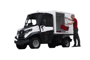 Véhicule utilitaire électrique Alkè ATX 340 avec caisson à volet roulant latéral pour industrie et collectivité