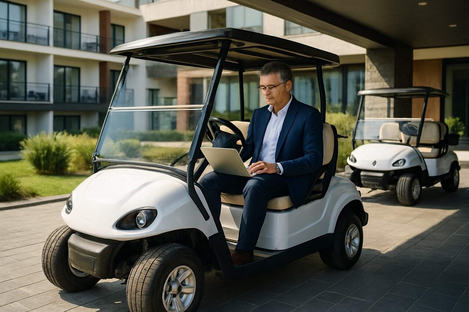 Golf carts on a green course