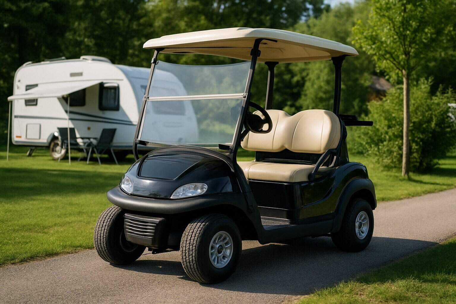 A golf cart in a green campsite