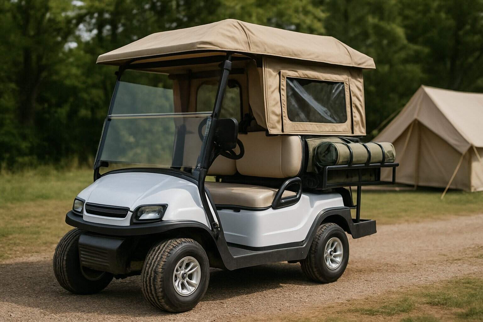 Voiturette de camping sur un site en pleine nature