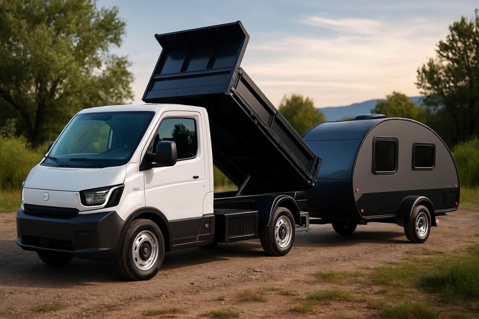 Electric dump truck at the campsite