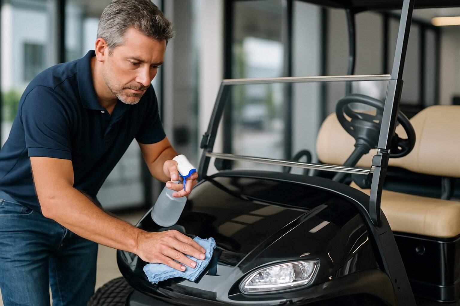 Electric golf cart undergoing maintenance