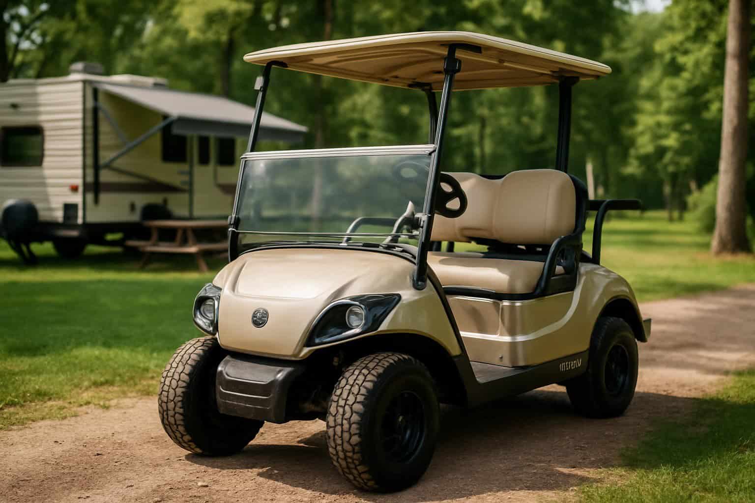Yamaha golf buggy in a campsite