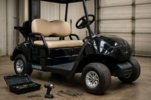 Golfette Yamaha en cours d'entretien