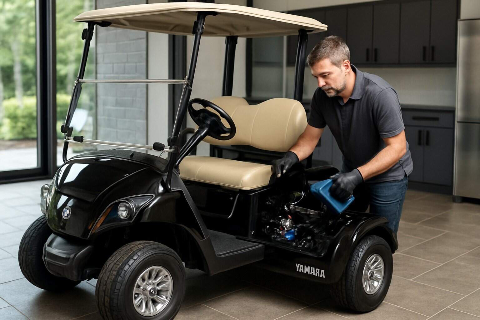 Yamaha golf cart undergoing maintenance