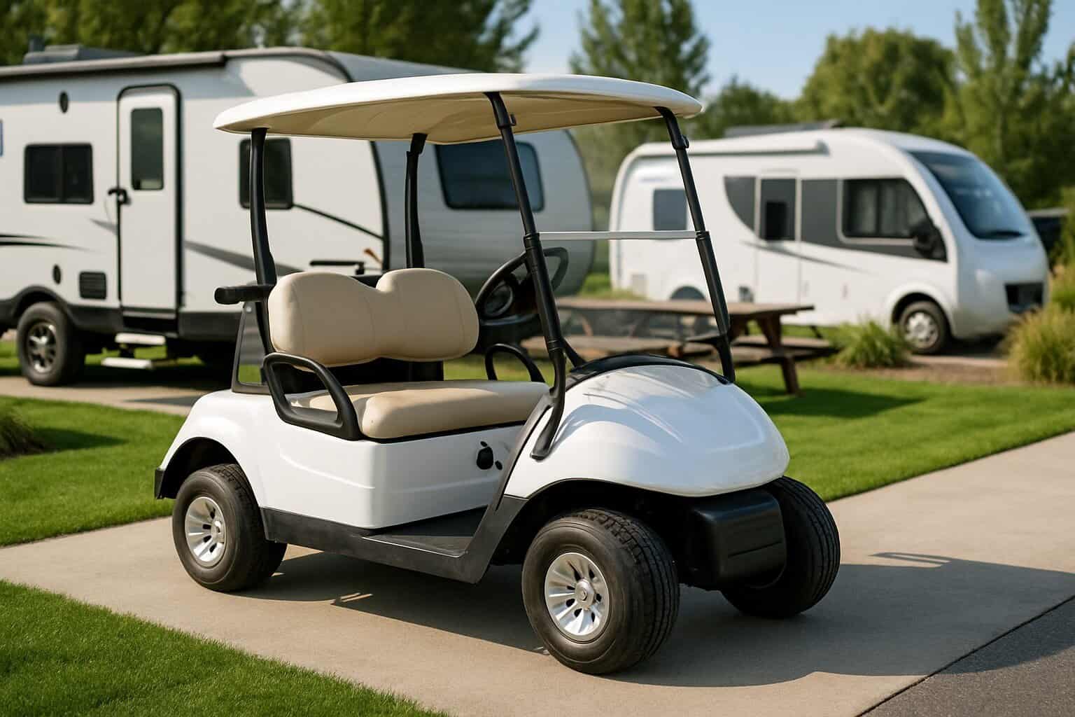 Electric golf car in a camping setting