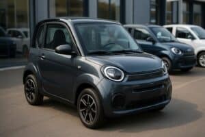 Voiture électrique sans permis sur un parking.