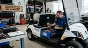 Maintenance hivernale d'une batterie lithium de voiturette de golf Yamaha dans un garage