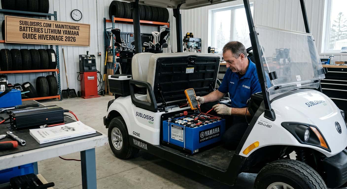 Maintenance hivernale d'une batterie lithium de voiturette de golf Yamaha dans un garage