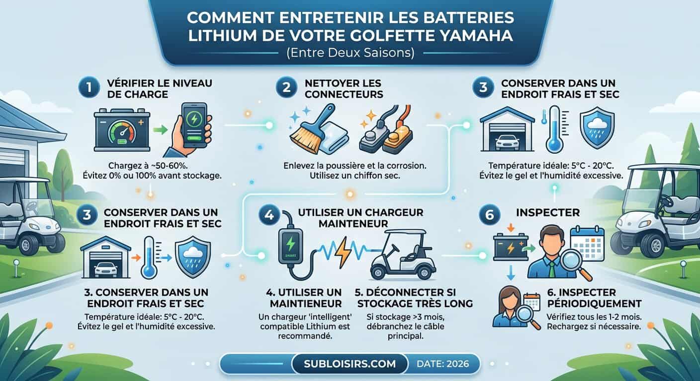 Infographie étapes hivernage batteries lithium golfette Yamaha