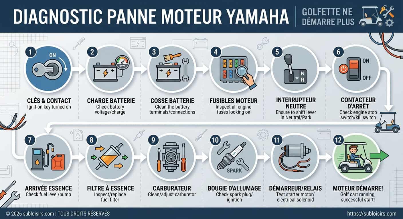 Schéma de processus diagnostic étape par étape golfette Yamaha ne démarrant plus
