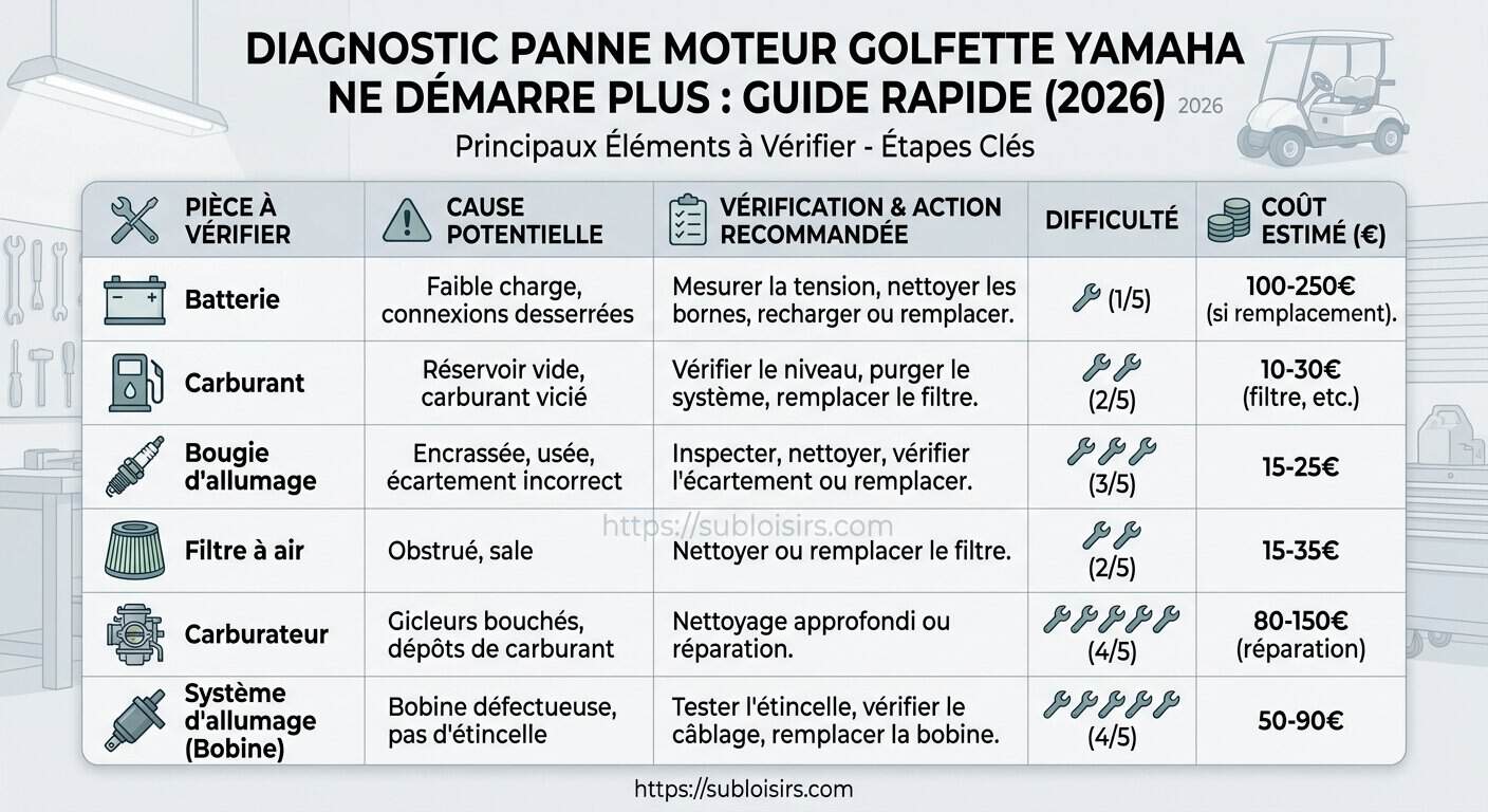 Tableau diagnostic des pannes de golfette Yamaha : symptômes, composants et actions correctives