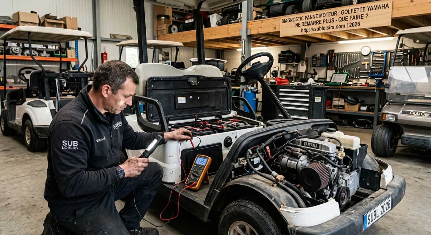Mécanicien effectuant un diagnostic panne moteur sur une golfette Yamaha en panne
