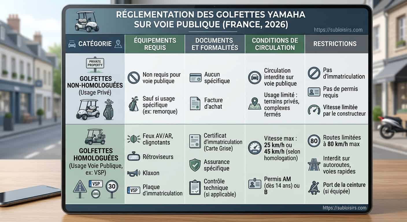 Tableau réglementation 2026 golfettes Yamaha voie publique L6e L7e