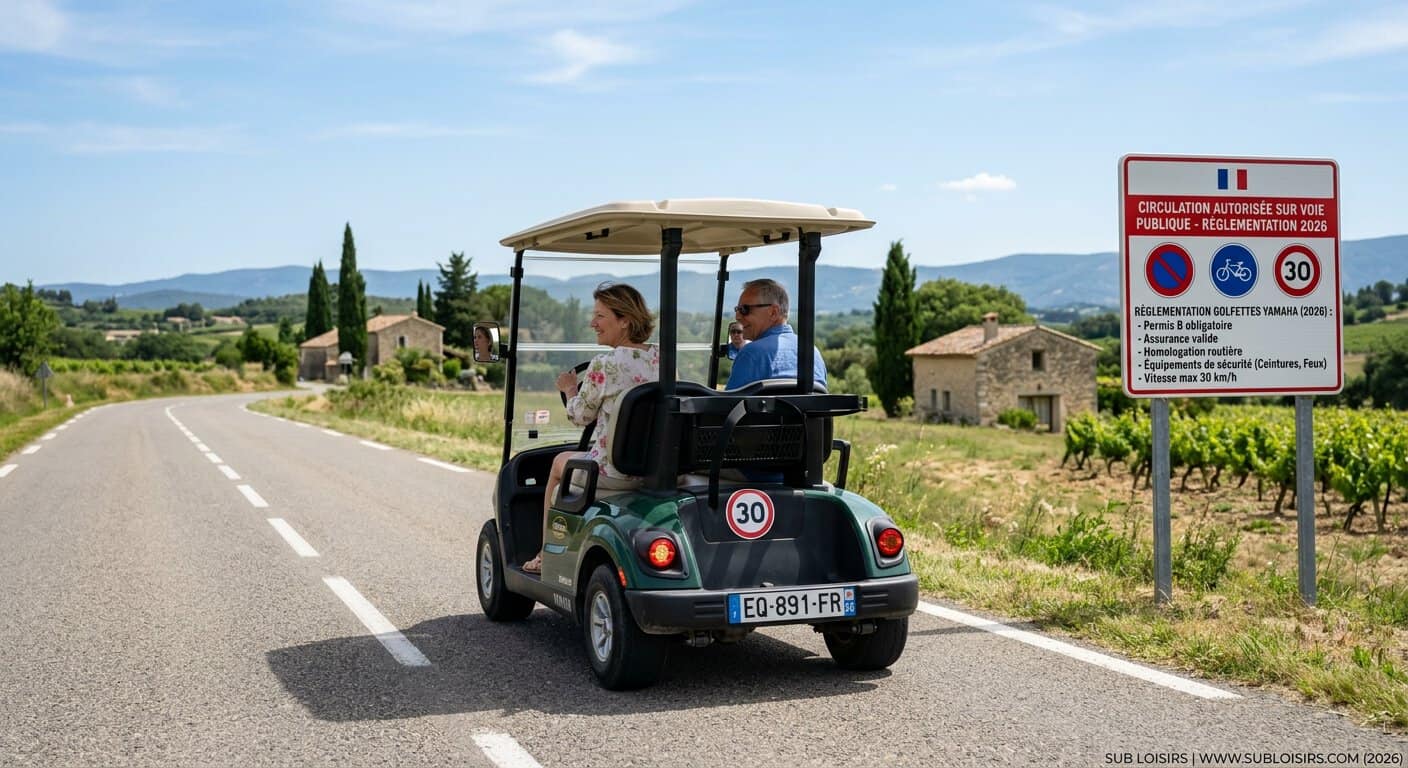 Golfette Yamaha électrique circulant sur une route goudronnée en zone urbaine