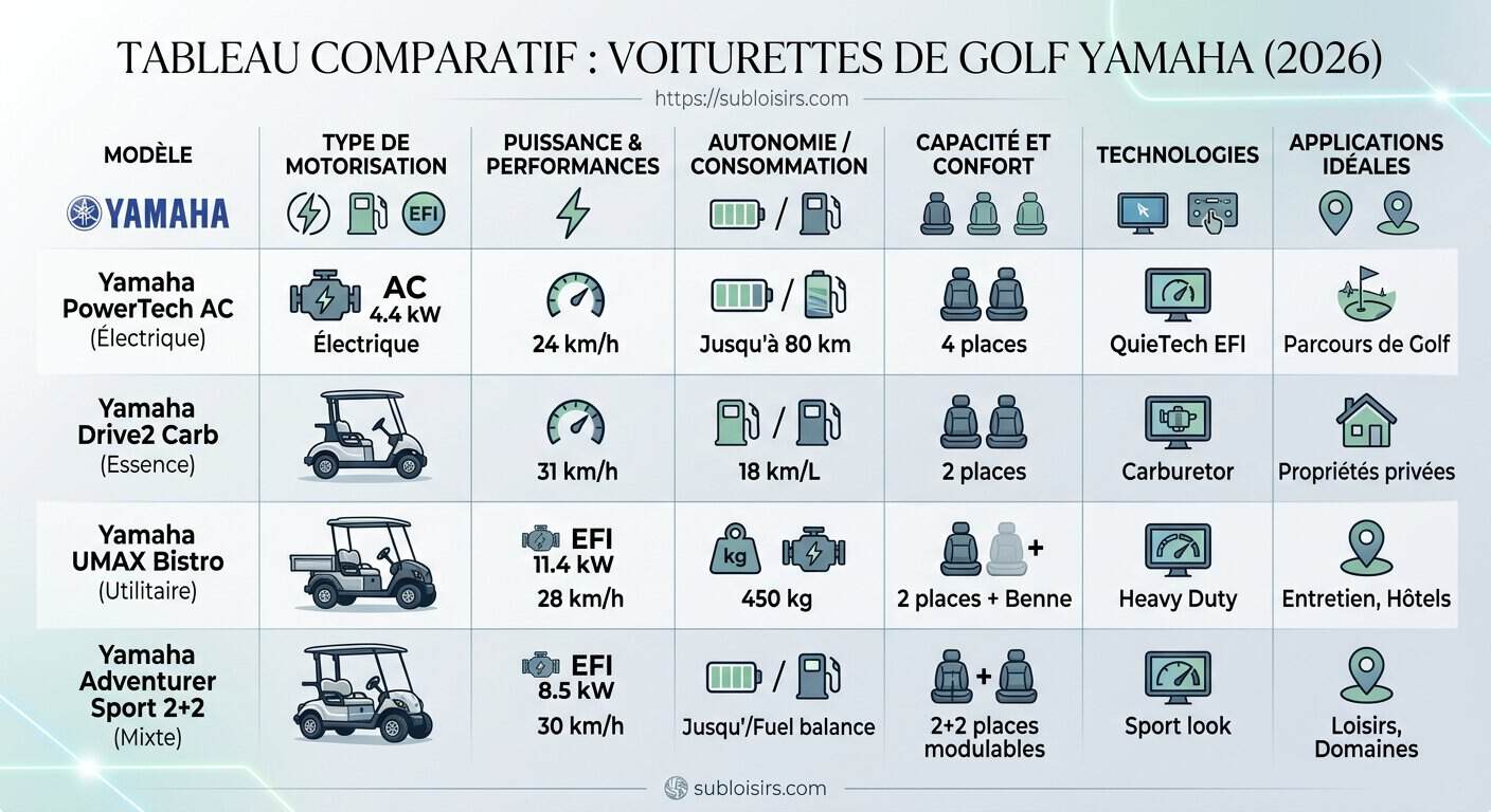 Tableau comparatif des modèles de voiturettes de golf Yamaha 2026 avec motorisations et autonomies
