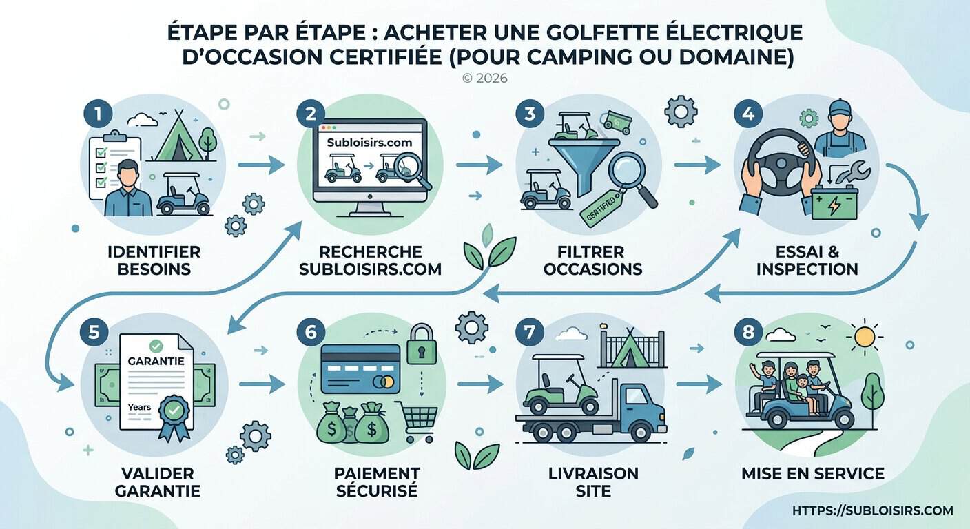 Schéma de processus pour acquérir une golfette électrique d'occasion certifiée avec garantie en 2026