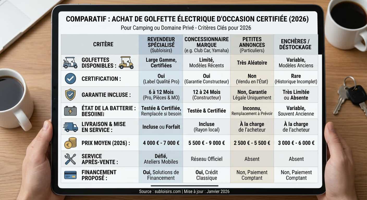 Comparatif des golfettes électriques d'occasion certifiées en 2026 par marque, autonomie et garantie pour usage professionnel