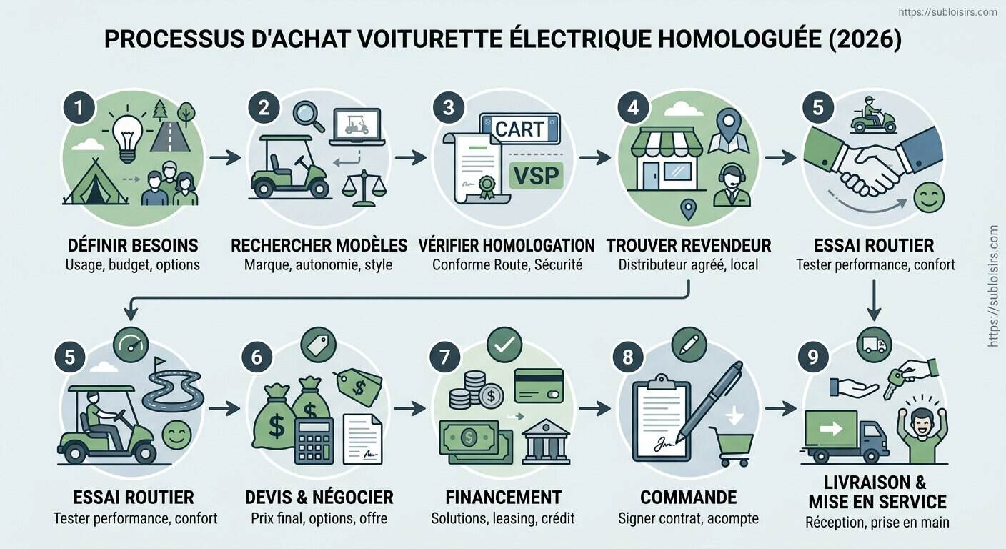 Schéma des 5 étapes pour acheter une voiturette de golf électrique homologuée route en 2026