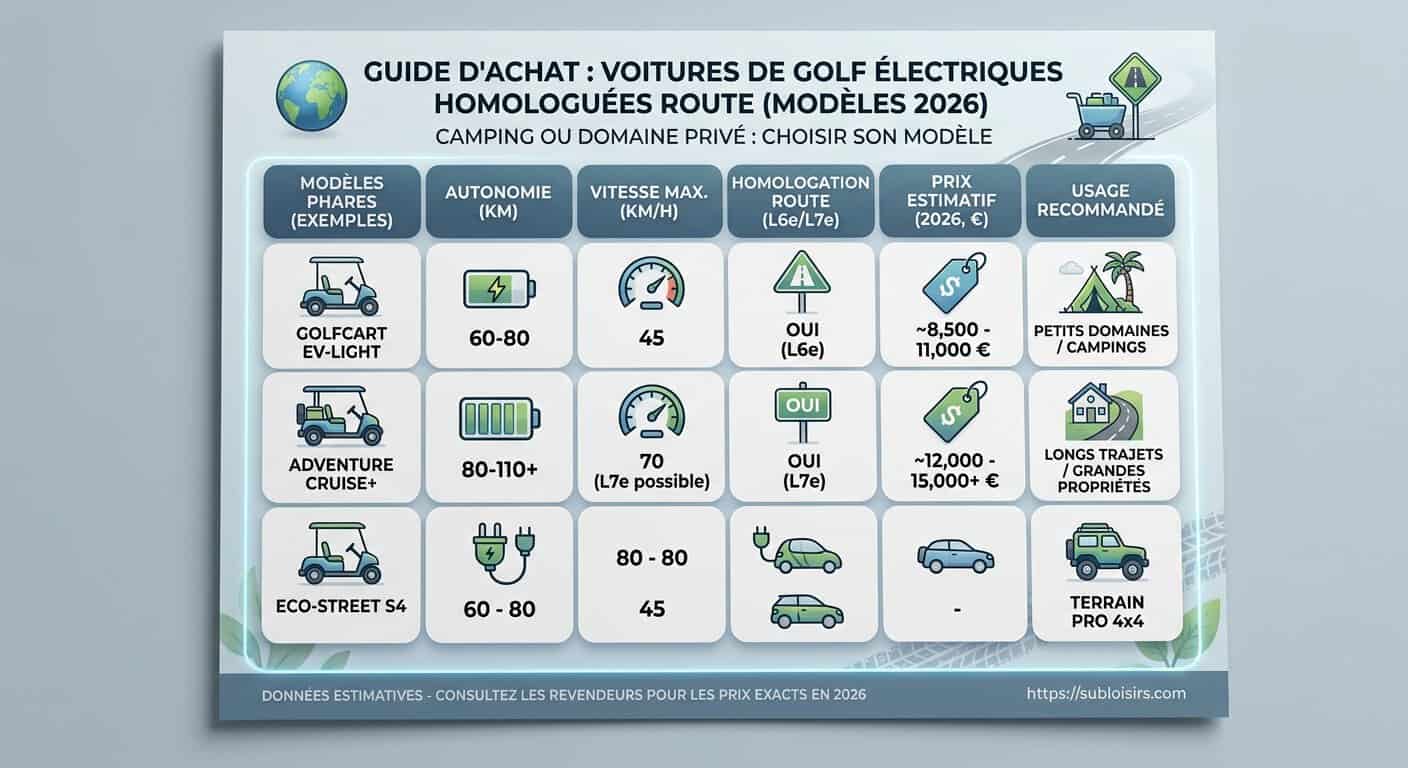 Tableau comparatif des voiturettes de golf électriques homologuées route 2026 avec autonomie et vitesse