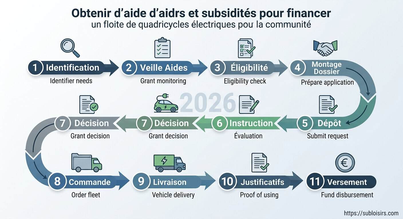 Schéma de processus pour obtenir des aides publiques 2026 pour une flotte de voiturettes électriques en collectivité