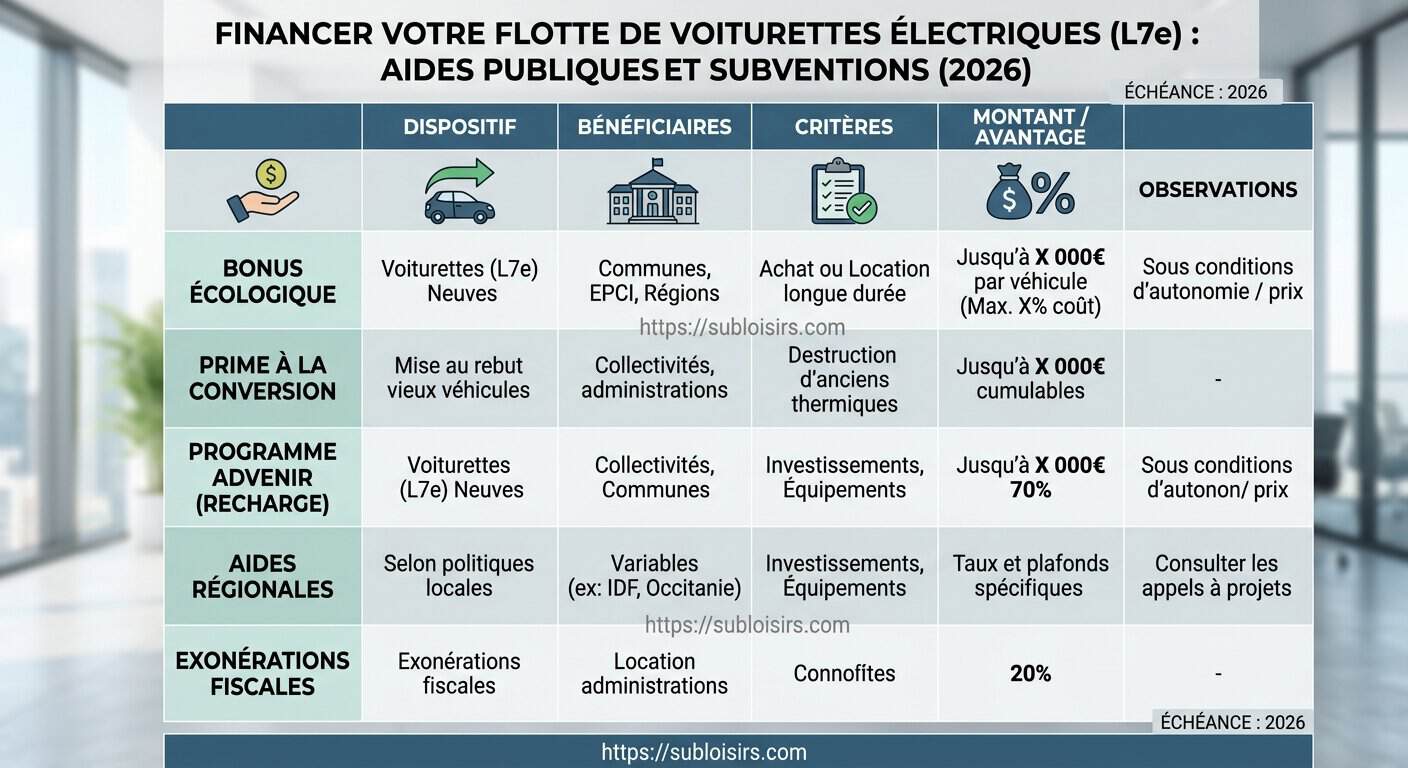 Tableau synthétique des aides et subventions publiques 2026 pour voiturettes électriques en collectivité