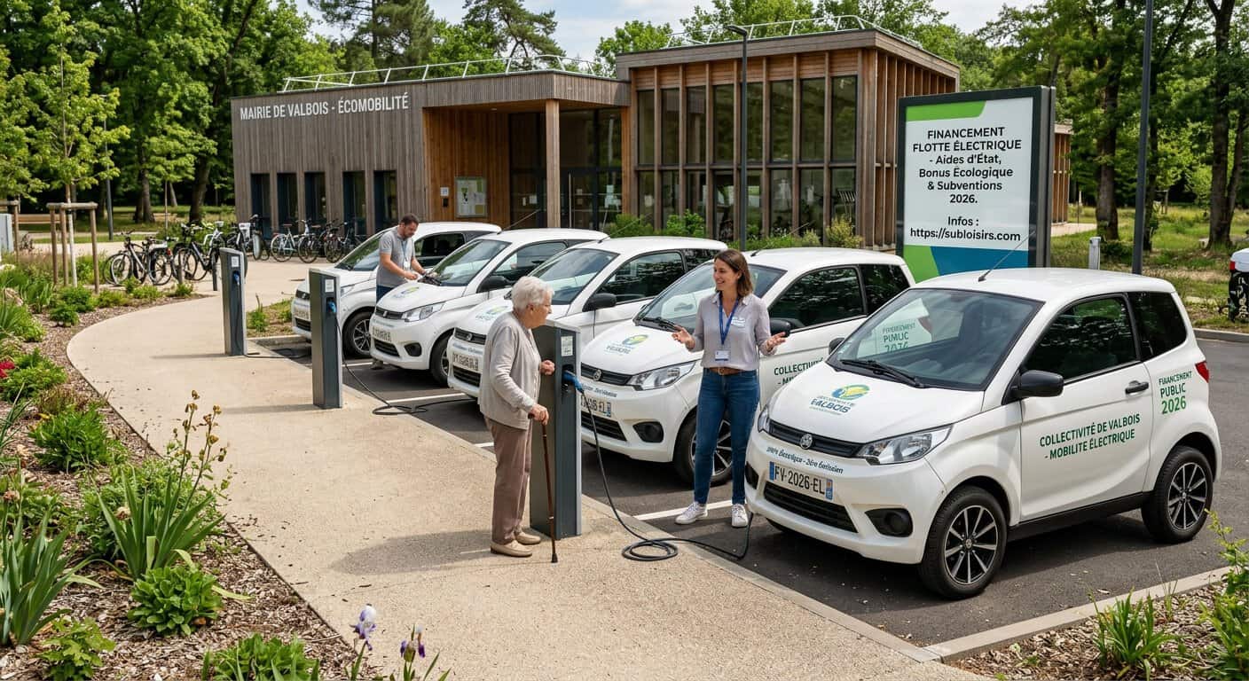 Flotte de voiturettes électriques stationnées devant une mairie pour la transition écologique