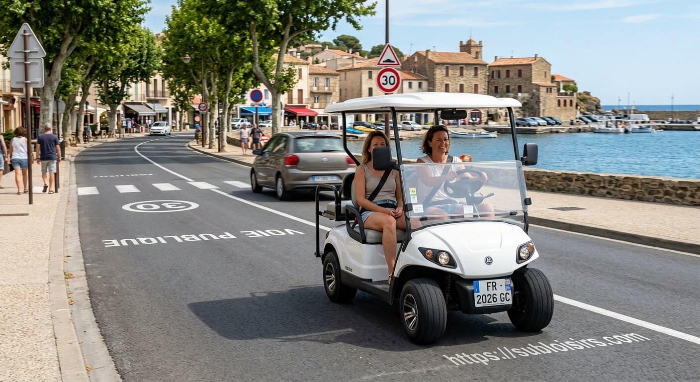 Voiturette de golf électrique circulant sur une voie publique avec assurance obligatoire en 2026