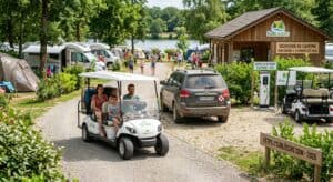 Golfette électrique de service circulant dans les allées d'un camping écoresponsable