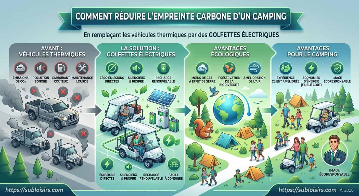 Infographie des 5 étapes pour remplacer les véhicules thermiques par des golfettes en camping