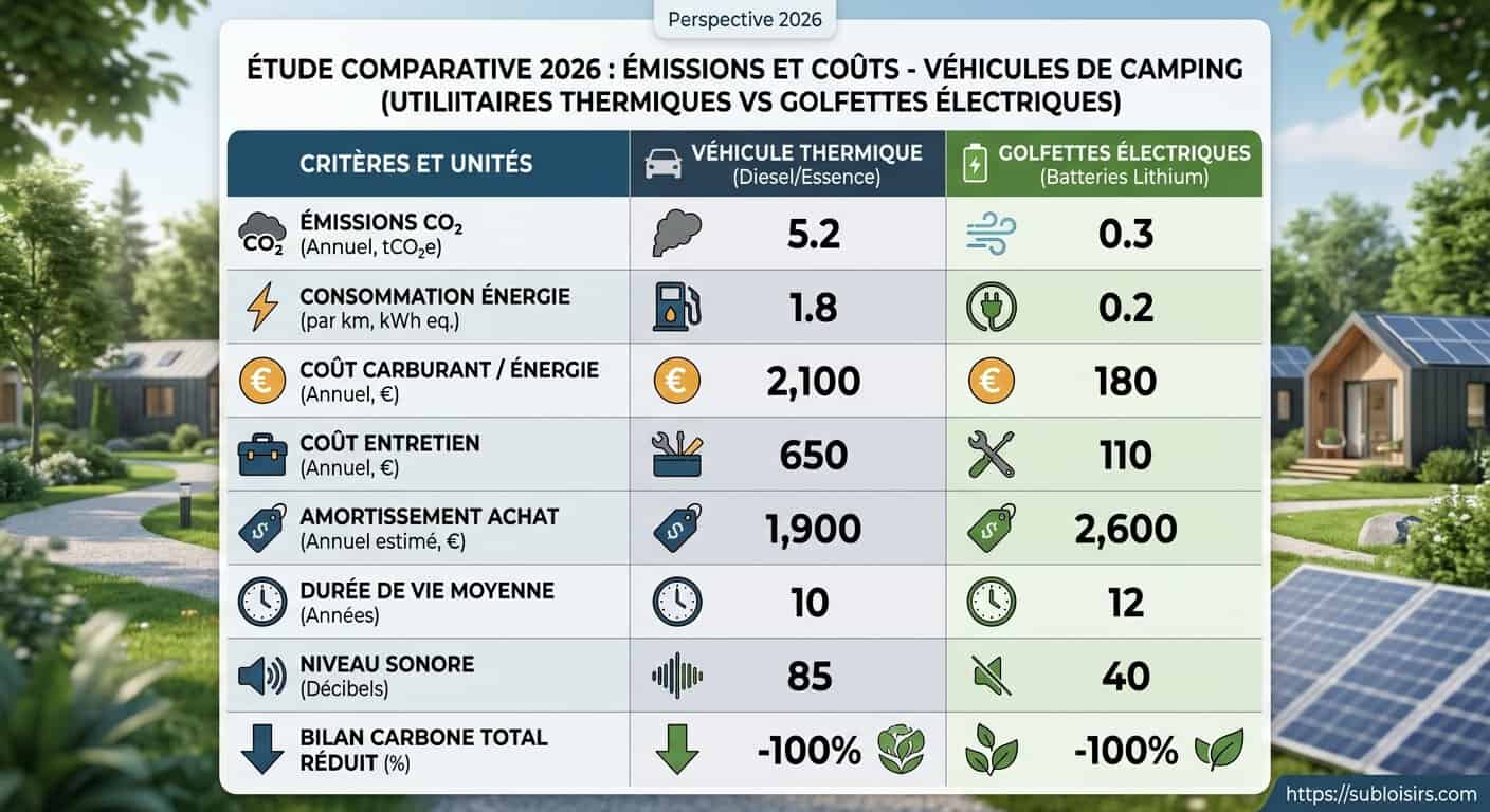 Comparatif coûts et émissions CO2 golfettes électriques et utilitaires thermiques en camping