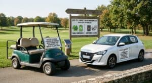 Comparaison écologique entre une voiturette de golf électrique d'occasion et un véhicule thermique neuf en extérieur