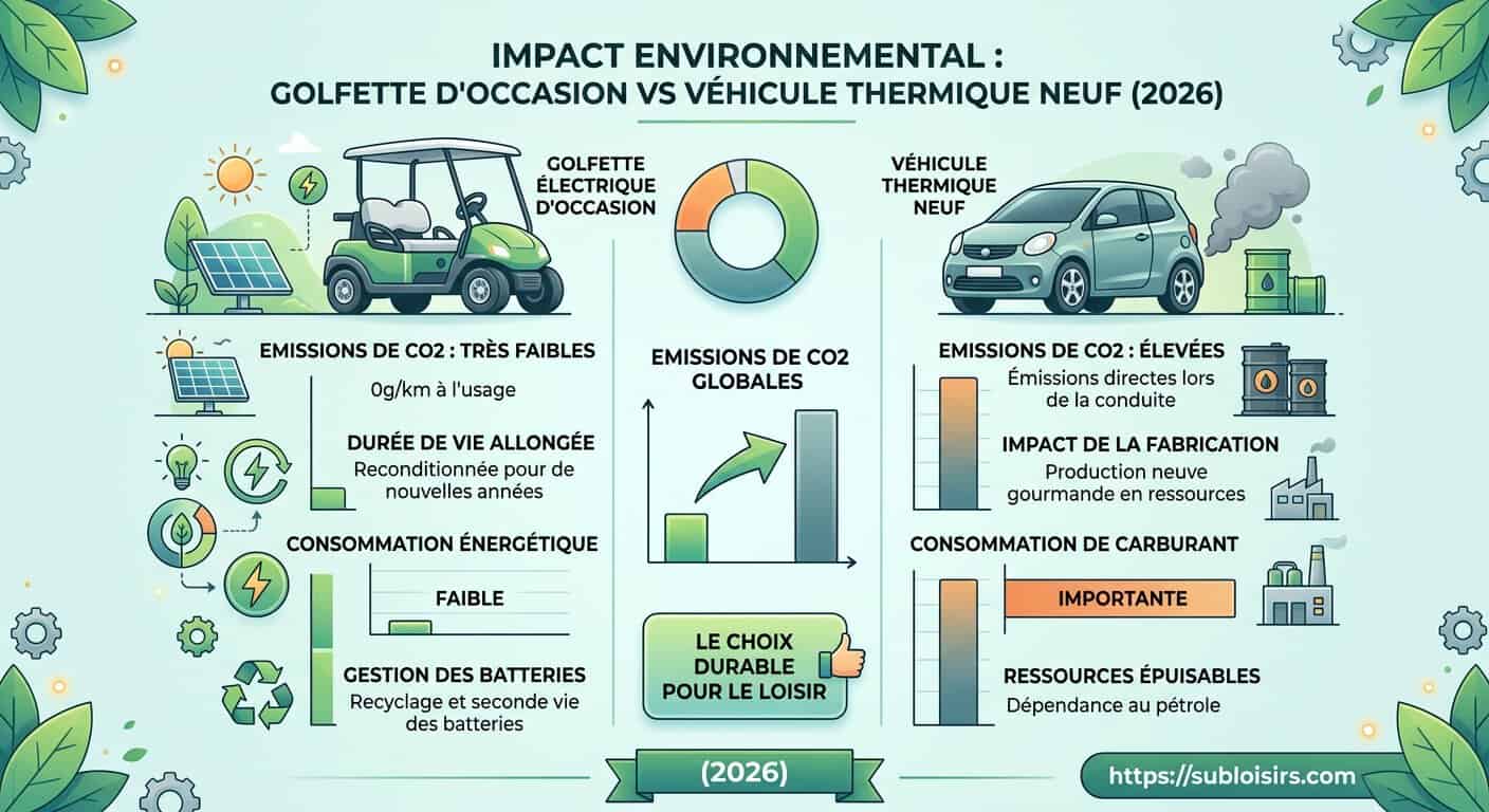 Graphique comparaison empreinte carbone golfette électrique d'occasion vs véhicule thermique neuf