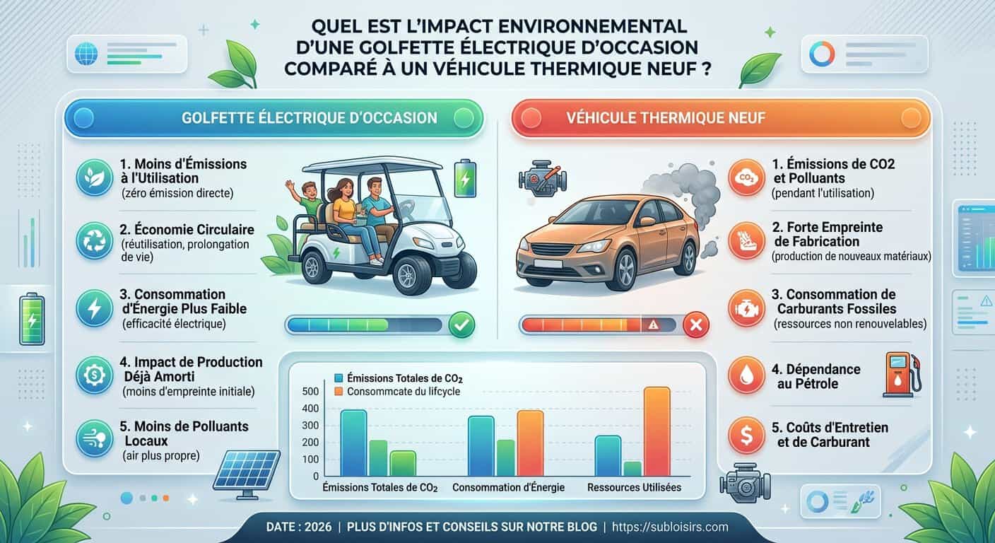 Infographie du bilan carbone et de l'analyse du cycle de vie d'une golfette électrique face au thermique