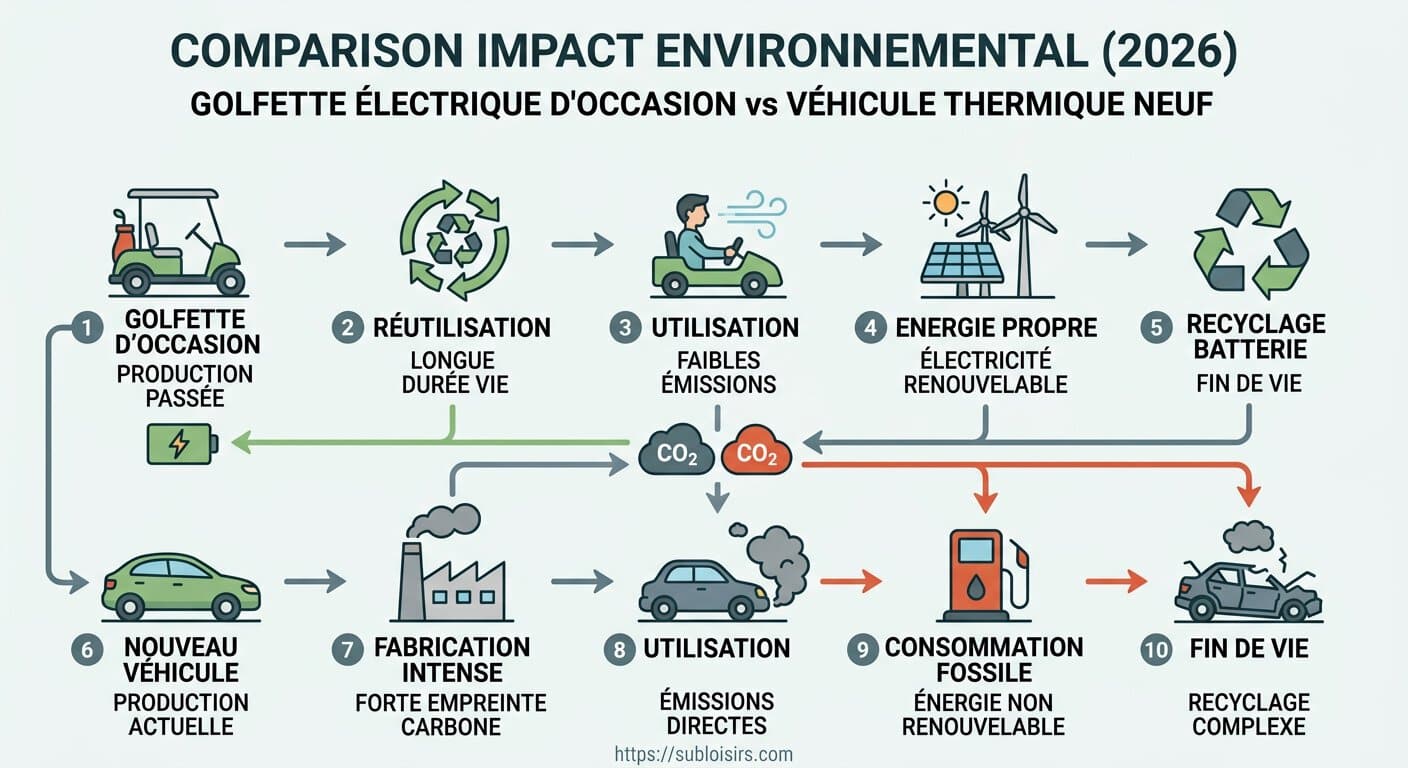 Schéma processus évaluation empreinte carbone golfette électrique d'occasion vs véhicule thermique neuf 2026