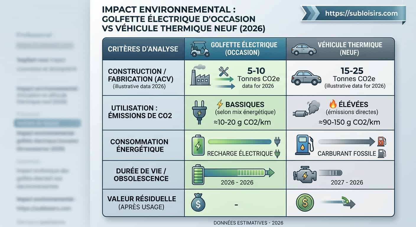 Tableau comparatif impact environnemental golfette électrique d'occasion et véhicule thermique neuf