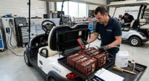 Maintenance des batteries d'une golfette électrique dans un garage