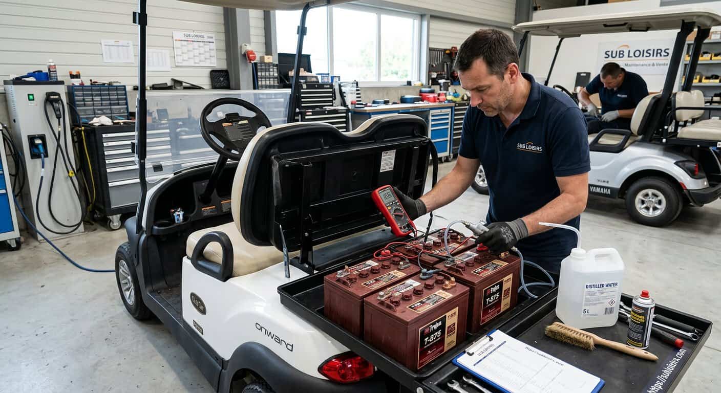 Maintenance des batteries d'une golfette électrique dans un garage professionnel