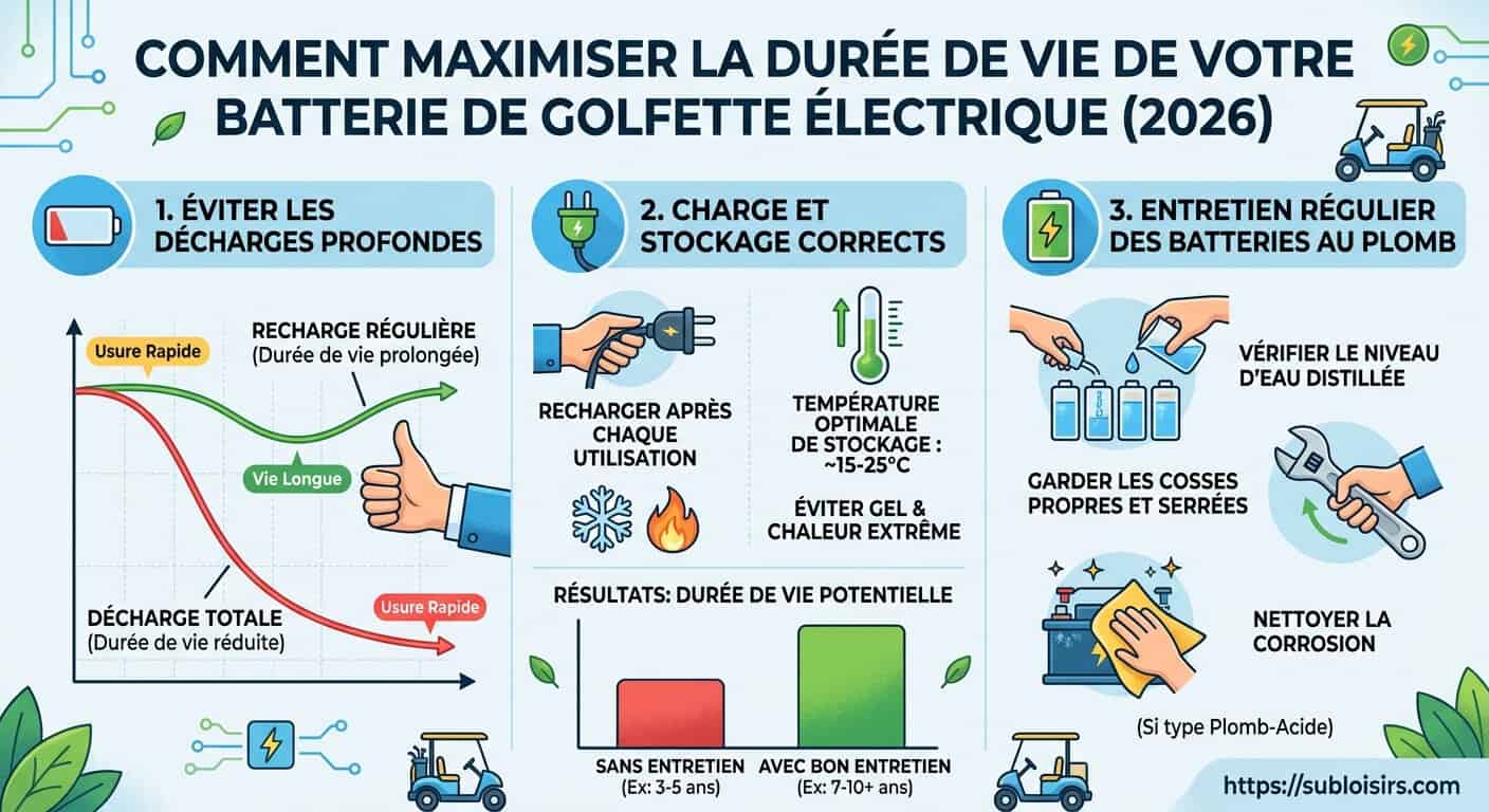 Graphique comparant la durée de vie d'une batterie de golfette électrique avec et sans entretien régulier