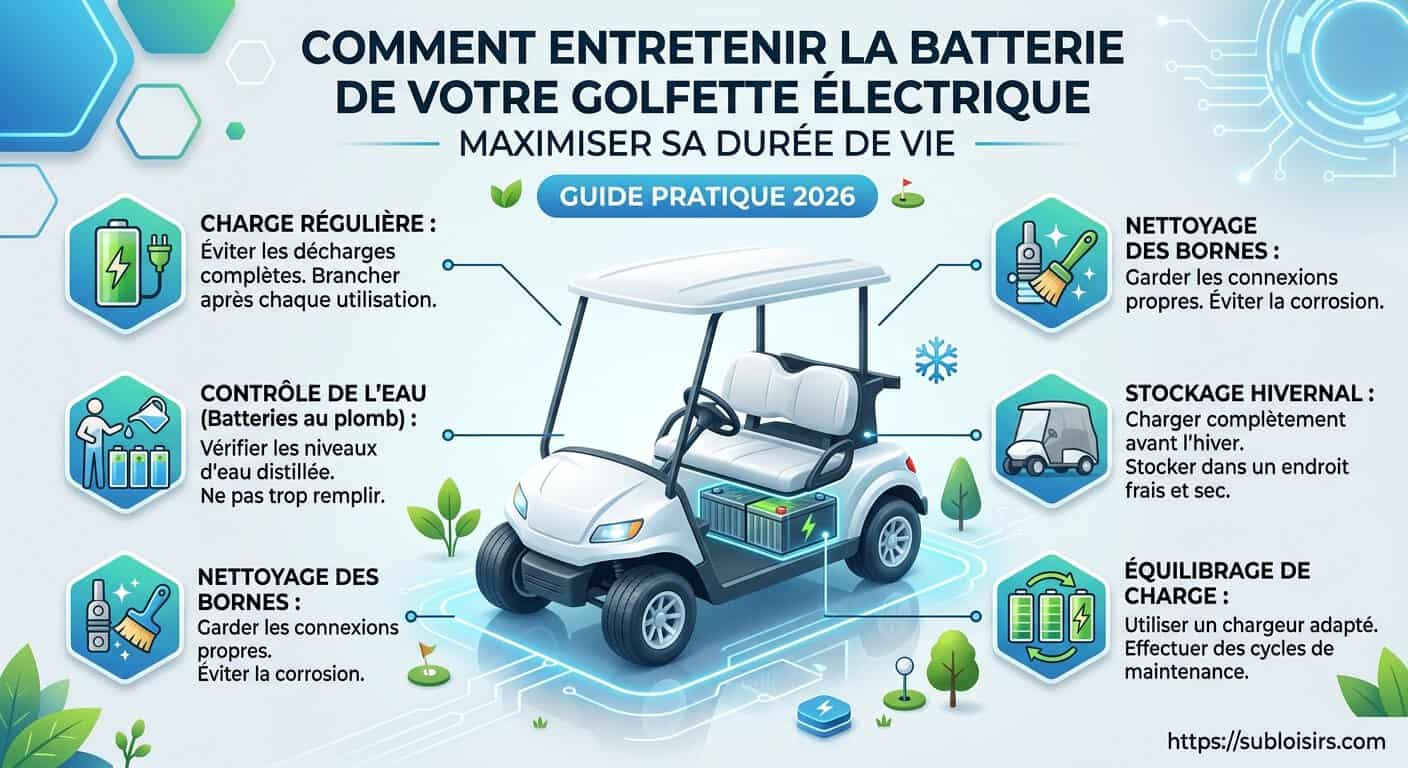 Guide visuel en 5 étapes pour l'entretien des batteries de golfettes électriques : contrôle, nettoyage, charge et hivernage