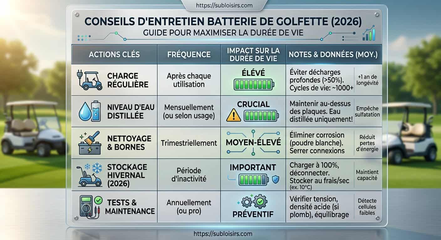 Tableau récapitulatif du guide d'entretien des batteries de golfettes électriques en 2026
