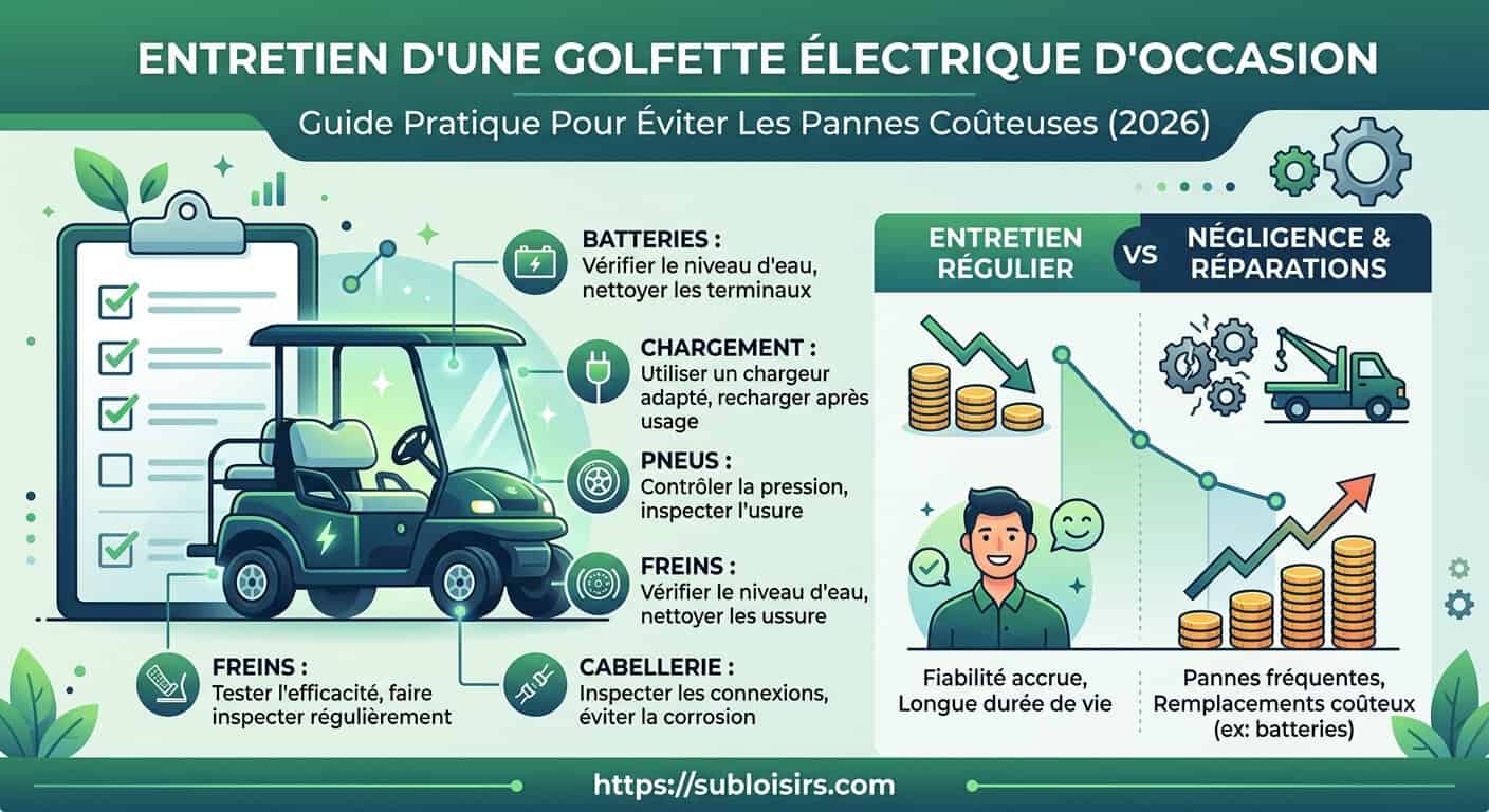 Graphique comparant les coûts de maintenance sur 5 ans : golfette électrique entretenue vs négligée, économie de 65 %