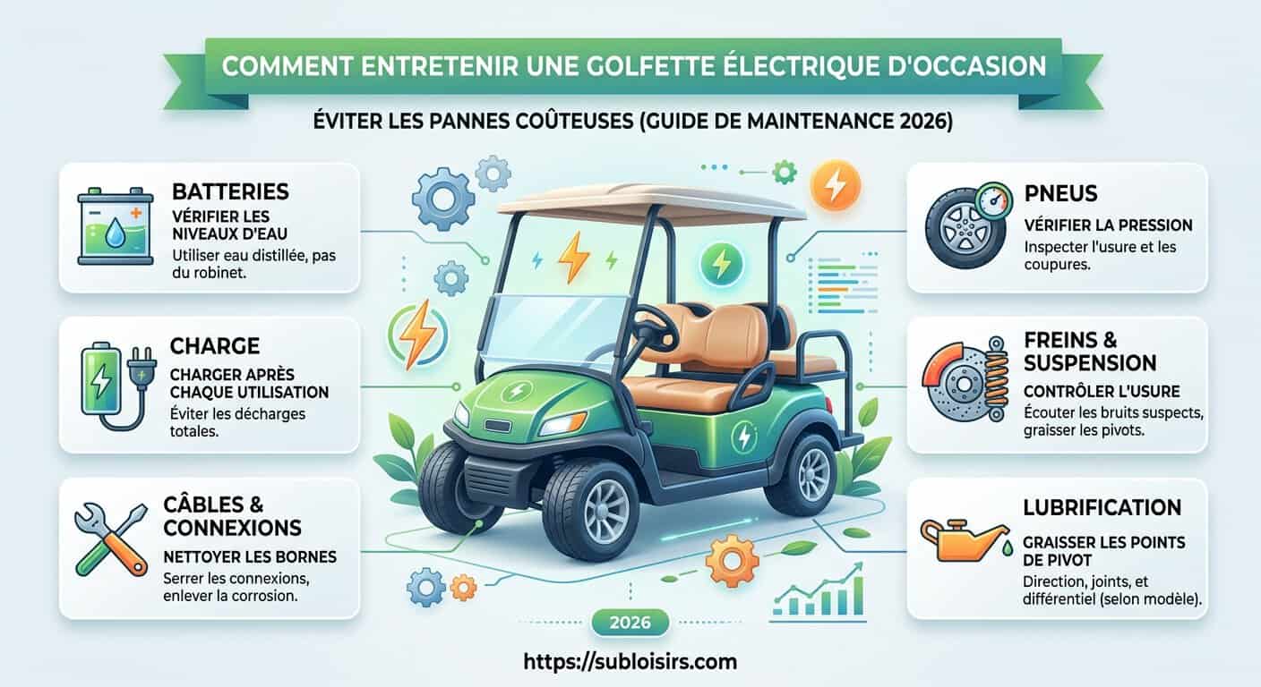 Infographie entretien golfette électrique d'occasion en 5 étapes : batteries, pneus, freins, lubrification, chargeur