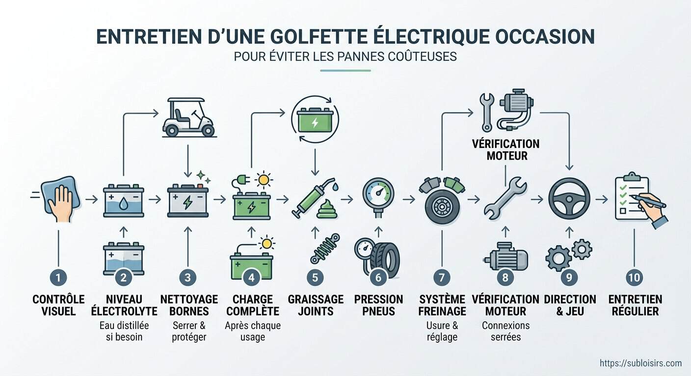 Schéma de processus maintenance préventive golfette électrique d'occasion : inspection batteries, pneus, freins, lubrification