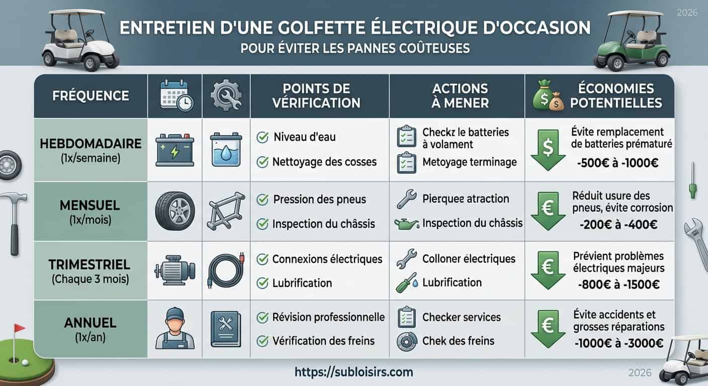 Tableau comparatif maintenance préventive golfette électrique d'occasion : batteries plomb vs lithium, pneus, freins
